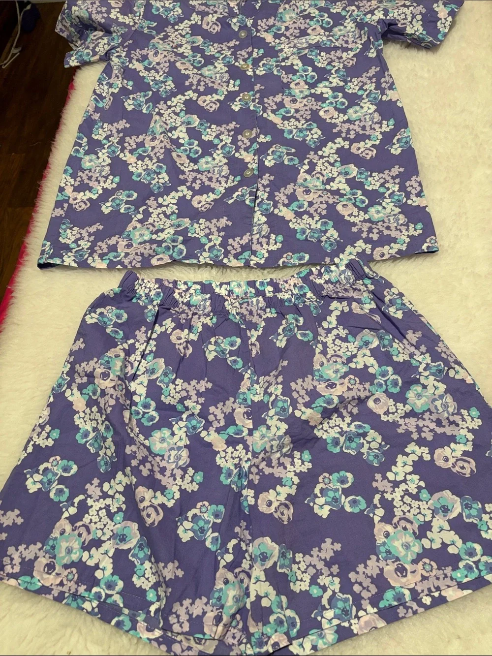 Women’s 100% Cotton Floral Pajama Set Purple Button Front Shorts M